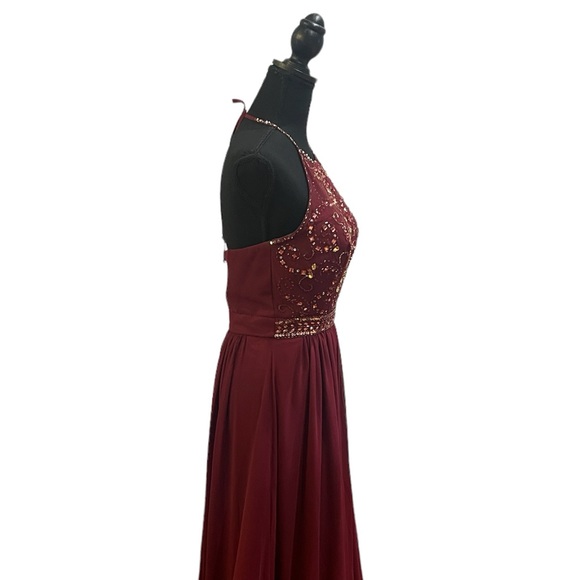 Bee Darlin Formal Burgundy Beaded Halter Prom Dress - Picture 2 of 8